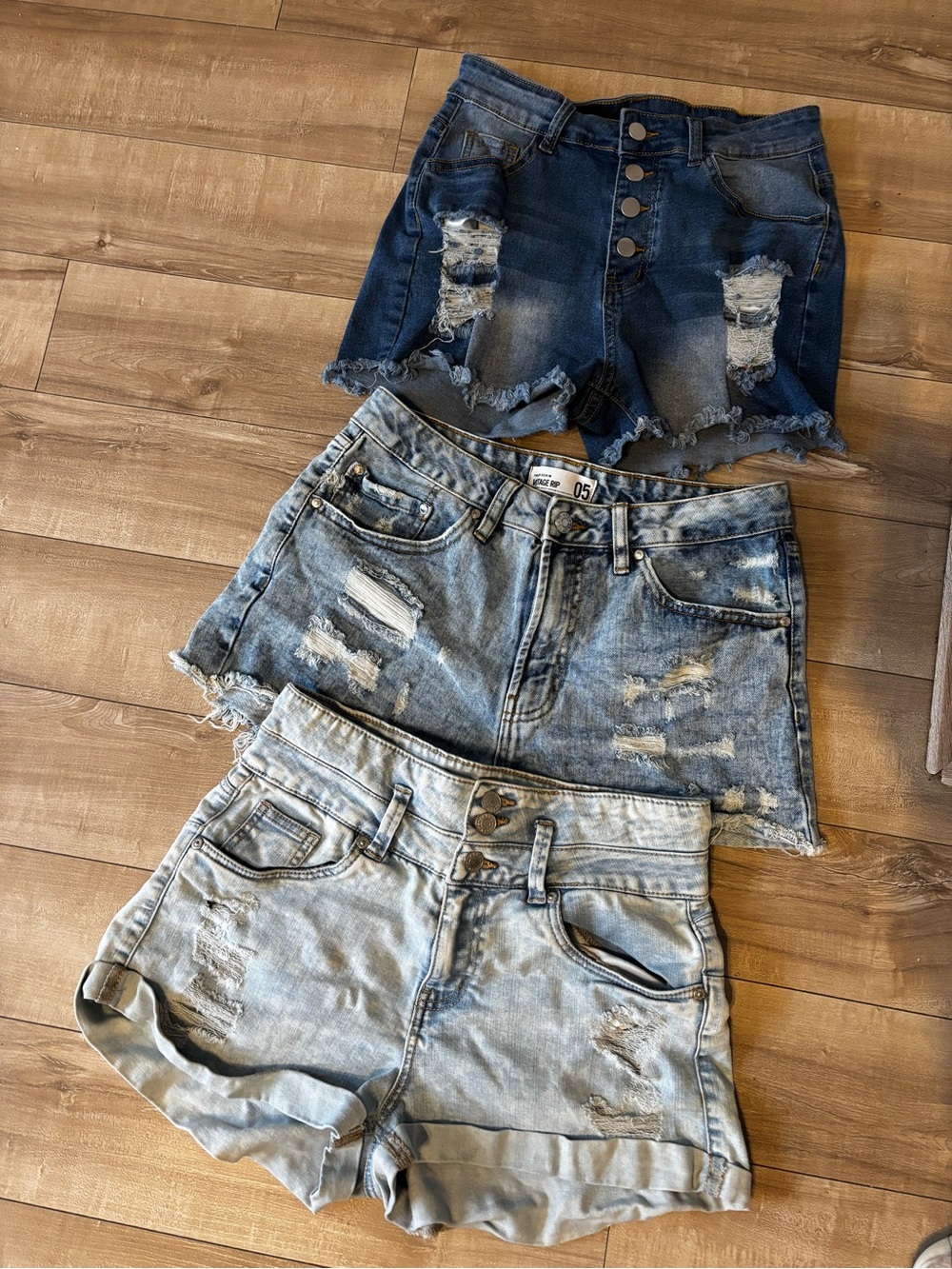 High-Rise Distressed Denim Shorts - Light & Medium Blue